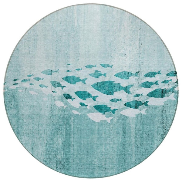 Teal Blue, Aqua, Ivory 8 ft. Round Woven Geometric Polyester Round Indoor/Outdoor Area Rug