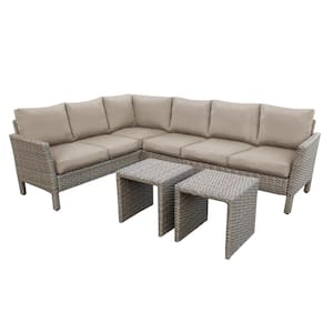 Canton 6-Piece Wicker Outdoor Sectional Set with Tan Cushions