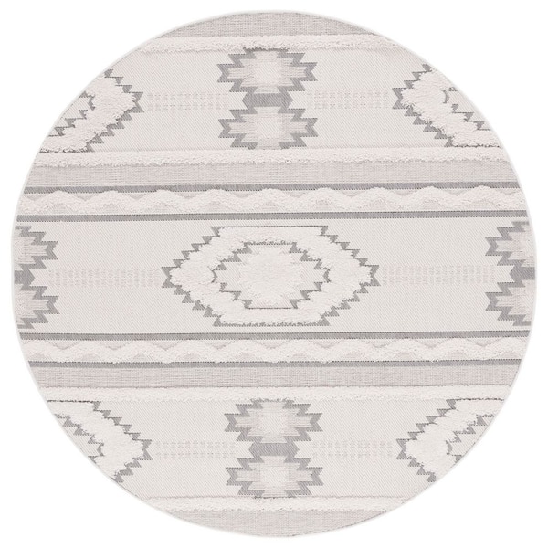 Cottage Ivory/Light Gray 7 ft. x 7 ft. High-Low Geometric Indoor/Outdoor Round Area Rug