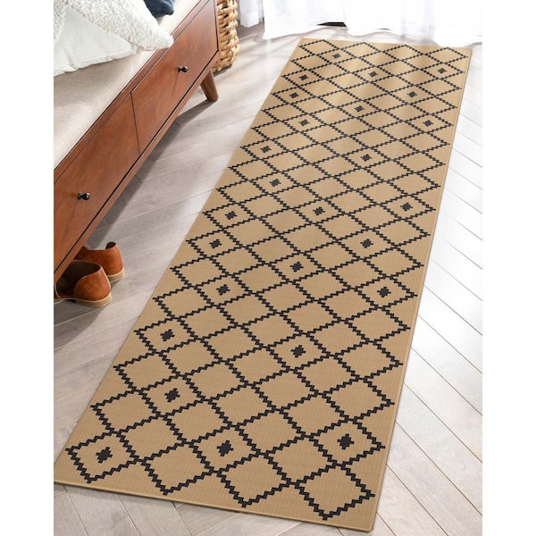 Black 2 ft. 3 in. x 7 ft. 3 in. Runner Flat-Weave Well-Jute Printed Akita Moroccan Lattice Area Rug