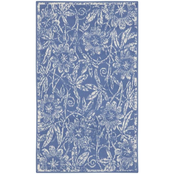 3 ft. x 5 ft. Ivory and Blue Floral Distressed Area Rug