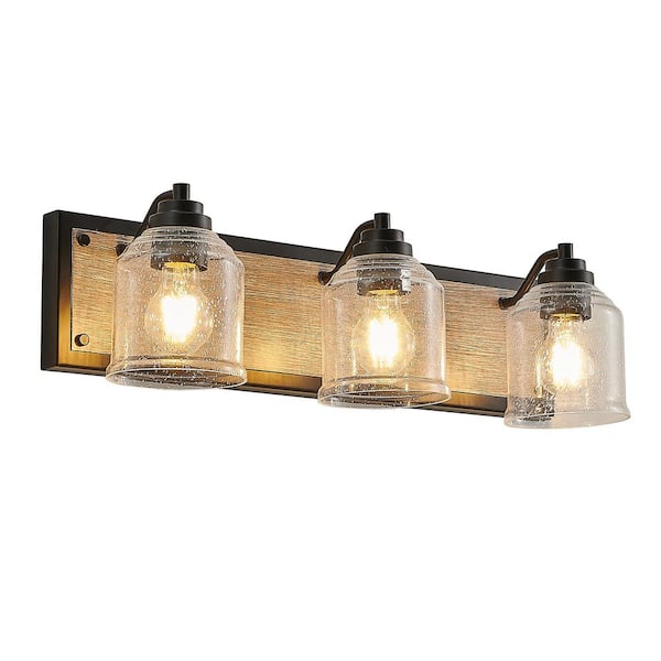 23 in. 3-Light Farmhouse Vanity Light Fixturet Wall Sconce with Seeded Glass Shades,Rustic Black,Wood Backplate,No Bulbs