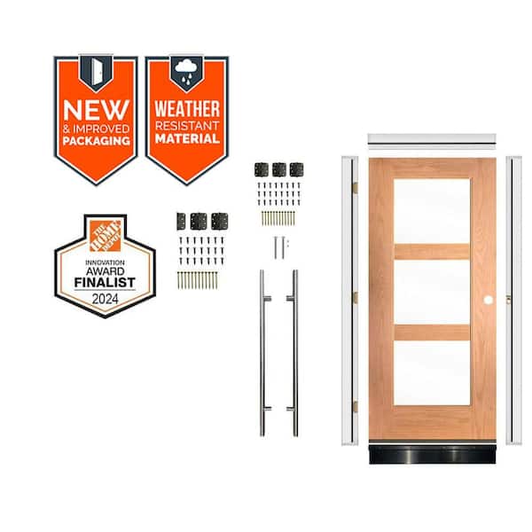 Faux Pivot 36 in. x 80 in. 3-Lite Left-Hand Clear Glass Teak Stain Fiberglass Front Door Kit w/ Quick Assemble Jamb