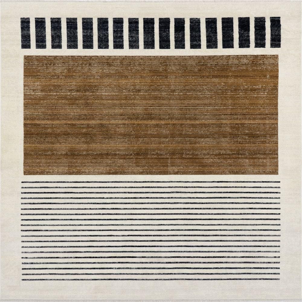 Keeva Modern Striped Fringe Beige and Black Synthetic Area Rug 8' x 10'