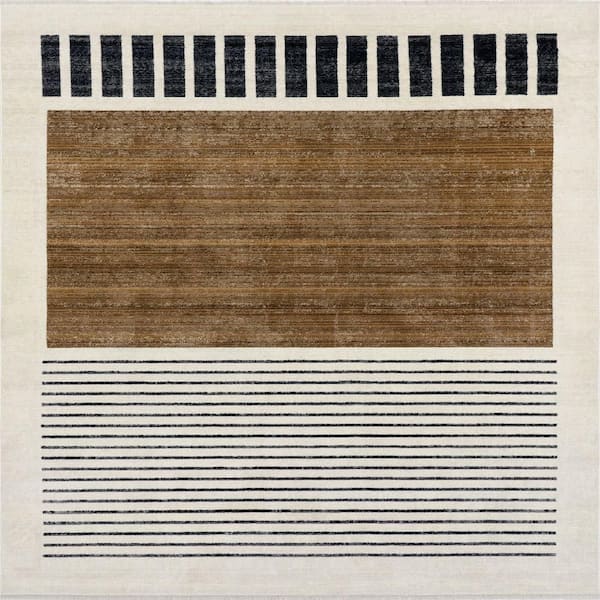 Keeva Modern Striped Fringe Beige 8 ft. x 10 ft. Living Room/Bedroom/Dining Room Area Rug