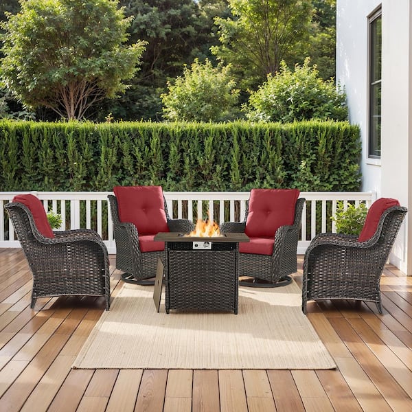 moosprr 5-Piece Brown Wicker Fire Pit Conversation Set with Olefin Red Cushions and Swivel Glider and Lounge Chairs