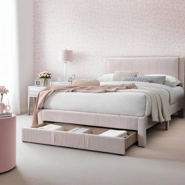 Peo Light Pink Wood Frame Queen Size Panel Bed with Storage Drawer