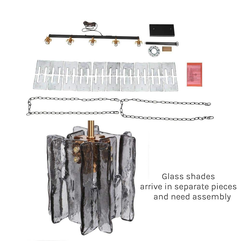 Kasy 5-Light Black and Brass Linear Chandelier with Smoke-Gray Glass