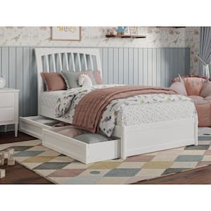 Roslyn White Solid Wood Frame Twin Platform Bed with Panel Footboard and Storage Drawers