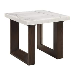 Edwyn 22 in. White Natural Marble Top and Brown Finish Rectangle Wood End Table with No Additional Features