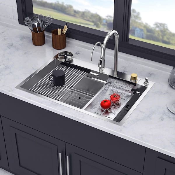 33 in. L x 22 in. W Drop-In Single Bowl 16-Gauge Stainless Steel Kitchen Sink in Brushed Nickel with Faucet