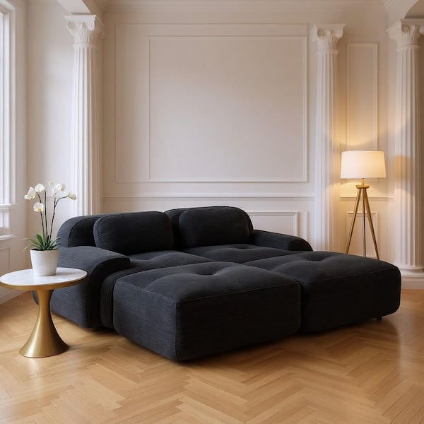 SMZO 81.8 in. Rolled Arm 4 Pieces Corduroy Modular Sectional Sofa in Ebony Black with Ergonomic Design, Pet-Friendly