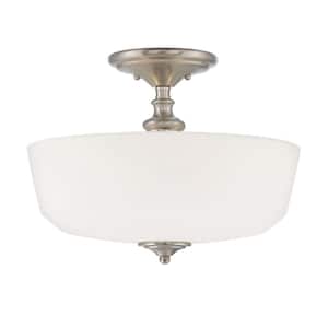Melrose 14 in. W x 11.5 in. H 2-Light Satin Nickel Semi-Flush Mount Ceiling Light with White Opal-Etched Glass Shade