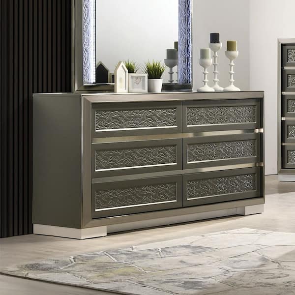 Furniture of America Jena Dark Gray 6-Drawer 63.5 in. Dresser with Bracketed Feet and Leaf Pattern Molding