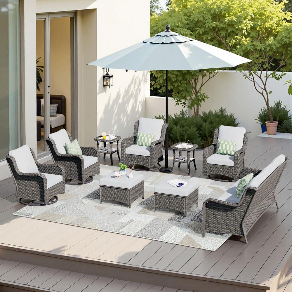 Janus Gray 9-Piece Wicker Patio Conversation Seating Set with Gray Cushions and Swivel Chairs