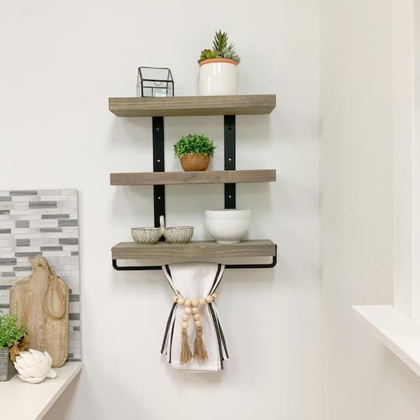 Welland 3-Tier Wood Wall Mounted Shelf, Bathroom Floating Shelf with Towel Bar, Utility Storage Shelf Rack, 23.6 inchl x 6.5 inchw x 11 inchh, Retro