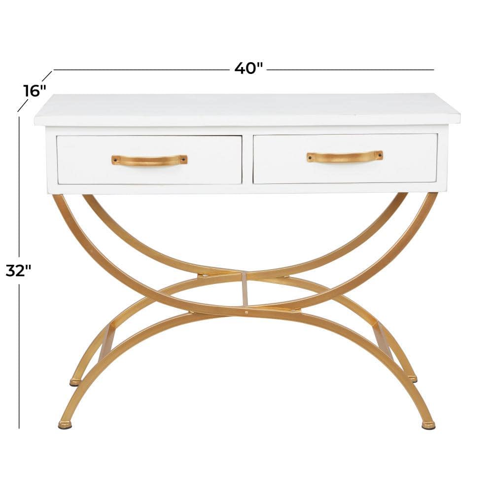 Sleek Pine & Metal Console Table with Dual Storage Drawers, White & Gold