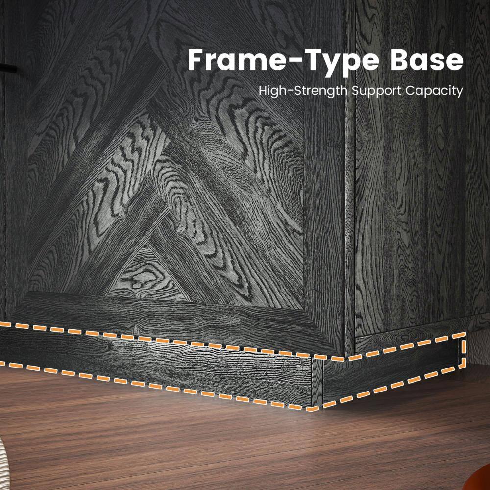 Detail of the frame-type base and chevron door of the cabinet.