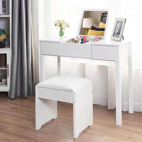 White Armoire 2 Drawers Make-up Mirror Set Vanity Dressing Table Flip-Type Desktop Stool 35.5 in. x 16 in. x 29.5 in.