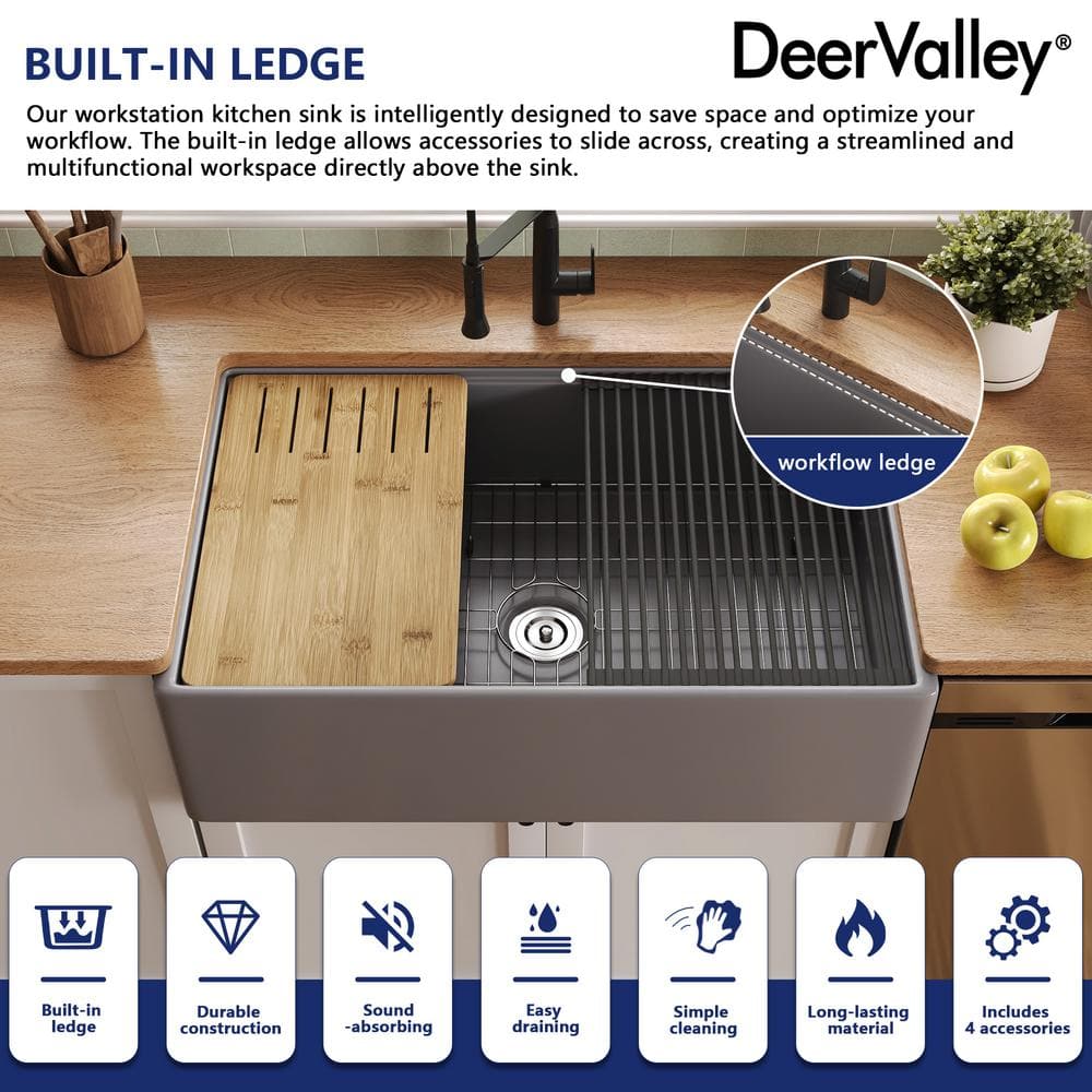 Matte Gray 33-Inch Fireclay Farmhouse Kitchen Sink with Workstation