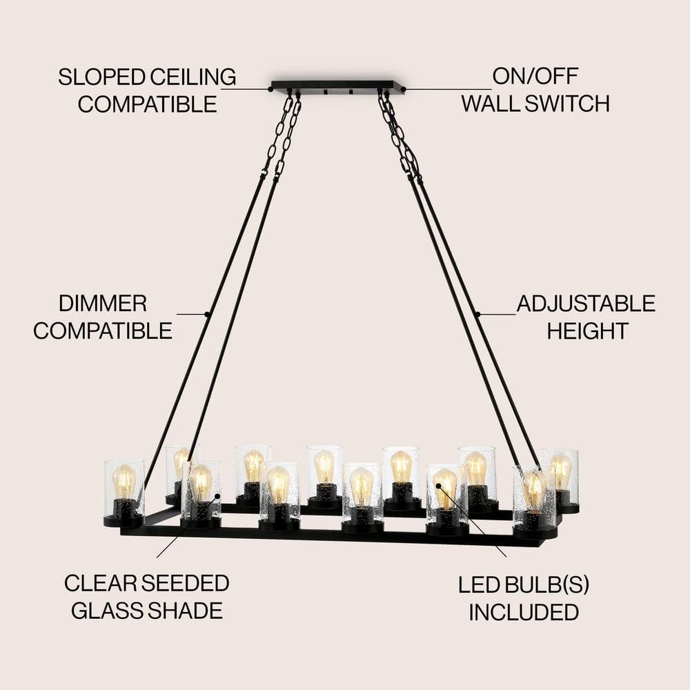 Athos 45.5" 12-Light Black Iron Rustic Farmhouse Chandelier
