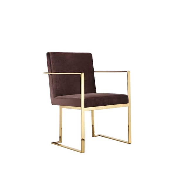 Benjara Brown and Gold Velvet Cantilever Base Dining Armchair