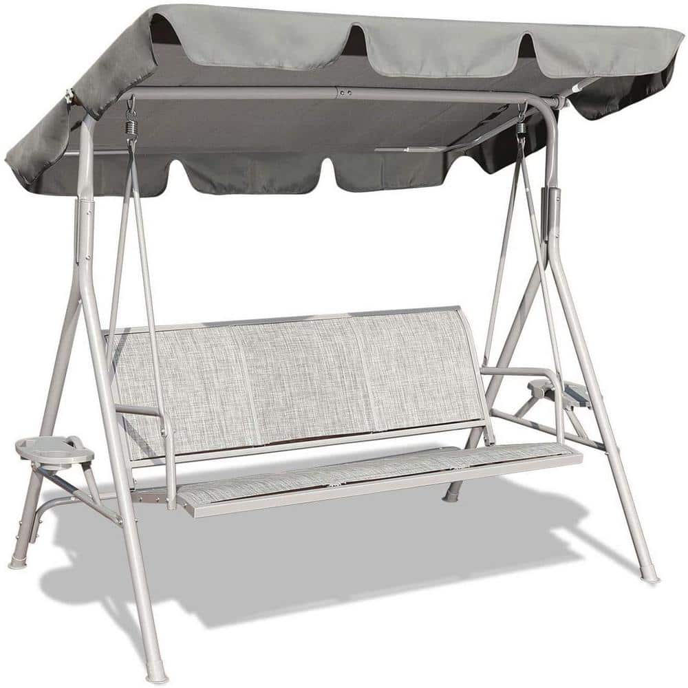 3-Person Metal Outdoor Adjustable Canopy Porch Swing Chair in Grey