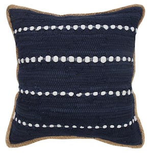 Riley Woven Navy Blue/White 20 in. x 20 in. Striped Jute Bordered Soft Polyfill Indoor Throw Pillow