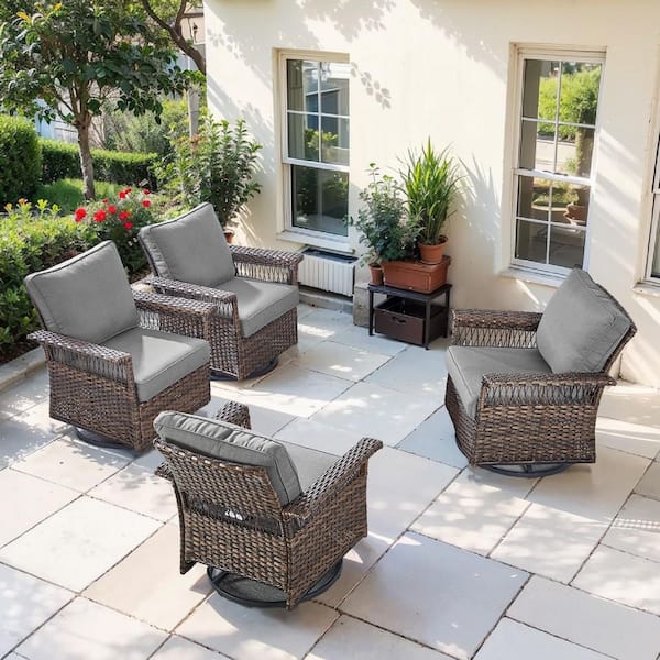 SeagullWing 4-Piece Brown Wicker Patio Conversation Set with Olefin Gray Cushions Patio Swivel Chairs for Outdoors