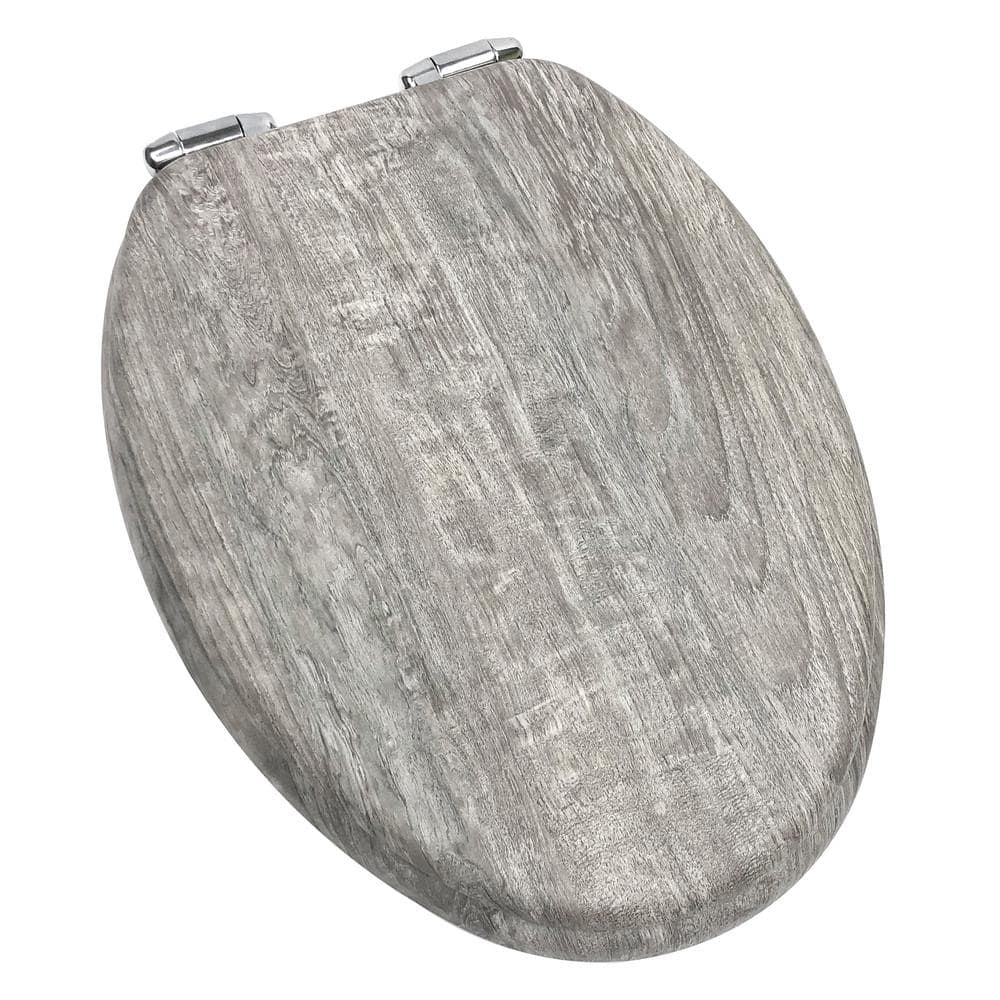Elongated Gray Distressed Wood Veneer Toilet Seat with Chrome Hinges