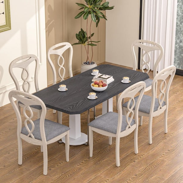 (Set of 6) Upholstered Dining Chairs, Gray Solid Wood Frame Kitchen Chairs with Twisted Ribbon Backrest, Padded Seat