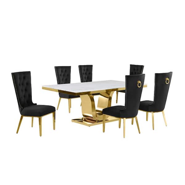 Best Quality Furniture Ada 7-Piece Rectangle White Marble Top With Gold Stainless Steel Dining Set With 6 Black Velvet Fabric Chairs