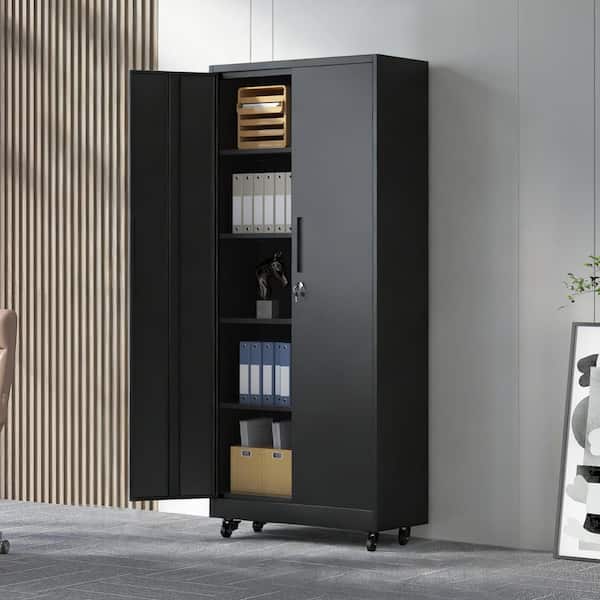 Black 70.87 in. Heavy Duty Metal Garage Storage Cabinet with 4-Shelves and Adjustable Shelves and Wheels for Garage