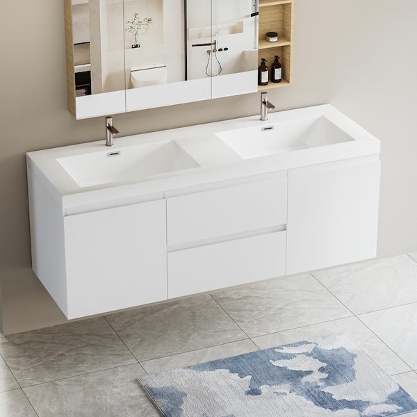 FAMYYT Luxe Aura 60 in. W x 20 in. D x 22.5 in. H Large Double Sink Floating Bath Vanity in White with White Resin Top
