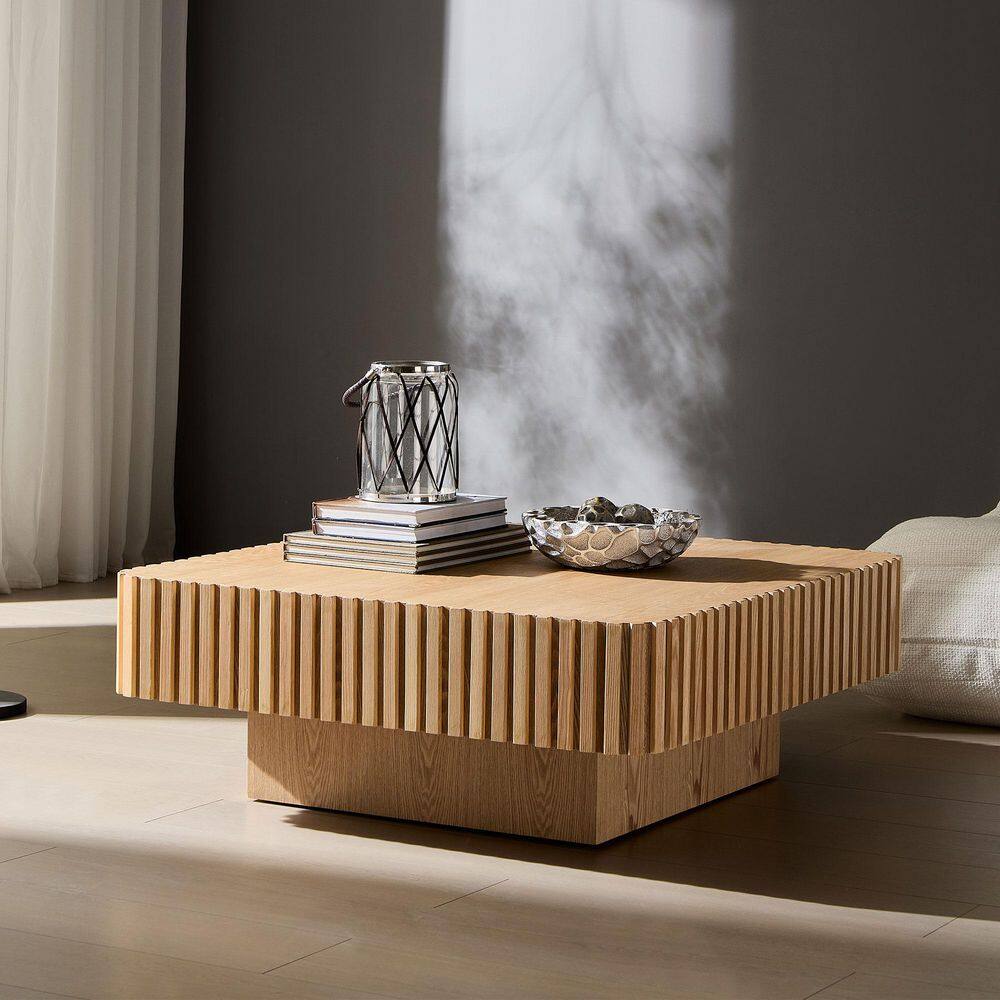Modern 35.43 in. W Natural Ash Square Wood Coffee Table with Round Corner