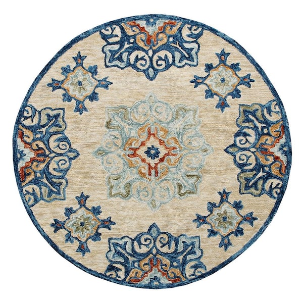 Unbranded Bella Beige/Blue 4 ft. 10 in. x 4 ft. 10 in. Eclectic Hand-Tufted Medallion 100% Wool Round Area Rug