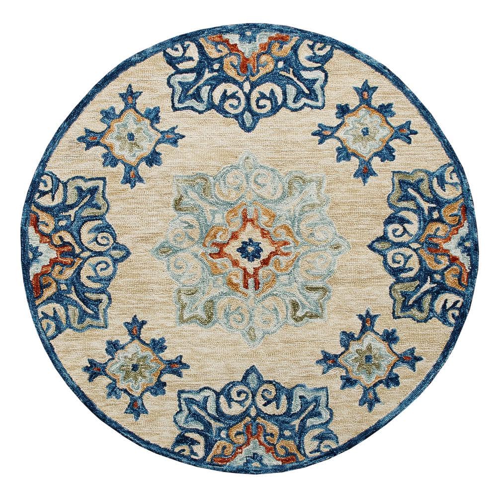 Bella Beige/Blue 3 ft. Round Eclectic Hand-Tufted Medallion 100% Wool Round
