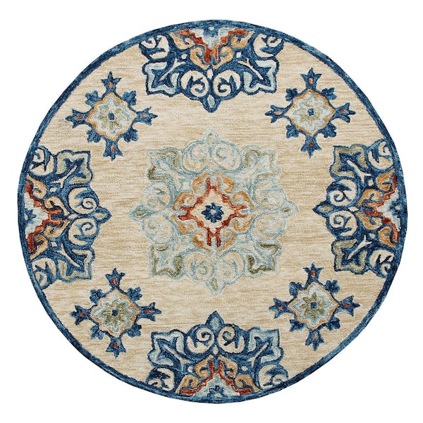 LR Home Bella Beige/Blue 7 ft. 3 in. Round Eclectic Hand-Tufted Medallion 100% Wool Round Area Rug