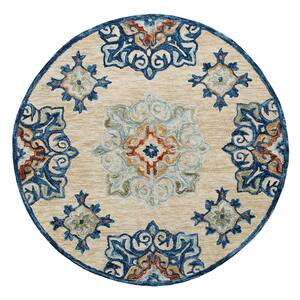 Bella Beige/Blue 3 ft. Round Eclectic Hand-Tufted Medallion 100% Wool Round Area Rug