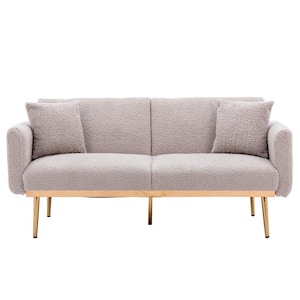 63.77 in W Gray Teddy Fabric Upholstered 2-Seater Convertible Sofa Bed with Golden Metal Legs