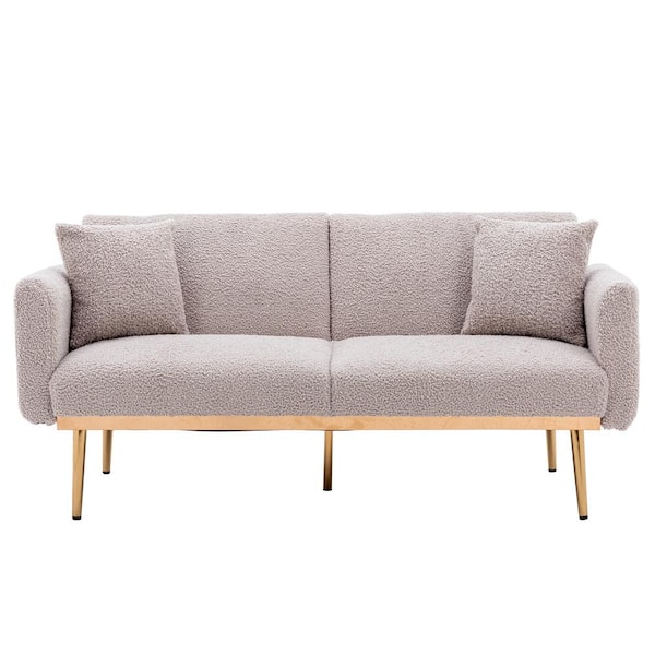 HOMEFUN 63.77 in W Gray Teddy Fabric Upholstered 2-Seater Convertible Sofa Bed with Golden Metal Legs