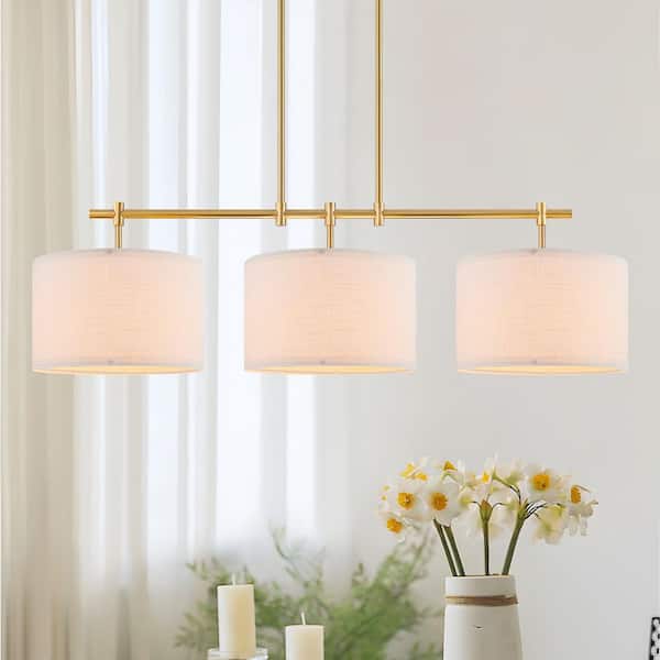 GoYeel 3-Light Modern Gold Linear Drum Fabric Shade Pendant Light