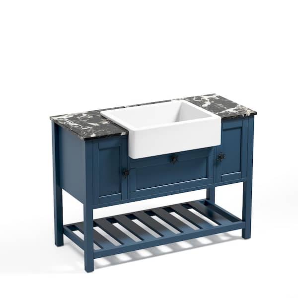 ANGELES HOME 48 in. W x 20 in. D x 33.60 in. H Freestanding Bath Vanity in Blue with Black Sintered Stone Top and Ceramic Sink