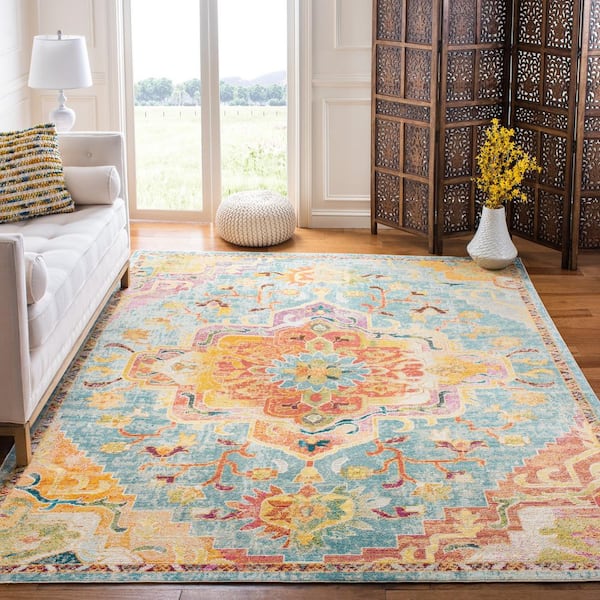 Crystal Orange/Teal 9 ft. x 9 ft. Square Border Area Rug
