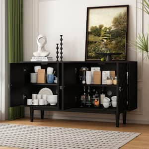 60.7 in. Black Rectangle MDF Console Table with Convex Pattern Doors and Adjustable Shelves