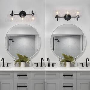 22 in. 3-Light Modern Black Bathroom Vanity Light Farmhouse Wall Sconce with Clear Glass Globe Shades
