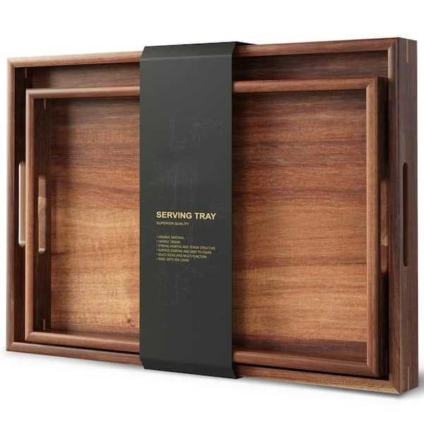2-Set Acacia Wood Serving Tray with Handles for Storing, Decorative Trays Platter, Breakfast Tray, Drinks Tray, Brown
