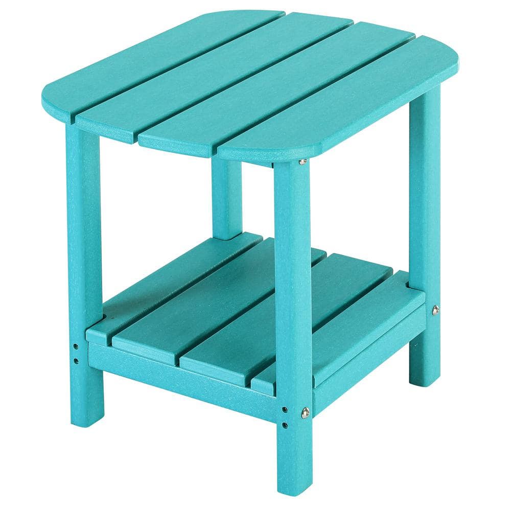 Waterproof Double Tier Turquoise Oval HDPE Plastic 18 in. Outdoor Side Tabl
