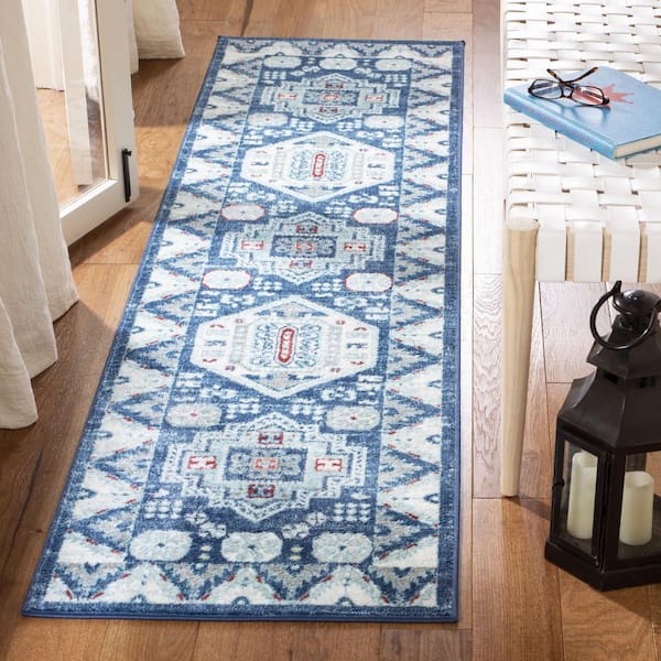 Kazak Blue/Creme 2 ft. x 8 ft. Border Persian Oriental Runner Rug