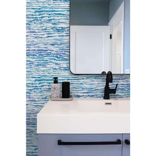 60.75 sq. ft. French Navy and Aqua Watercolor Waves Paper Unpasted Wallpaper Roll